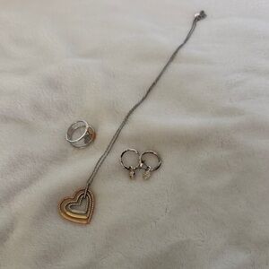 Dual-Tone Heart Pendant Necklace, Ring, and Earrings Set